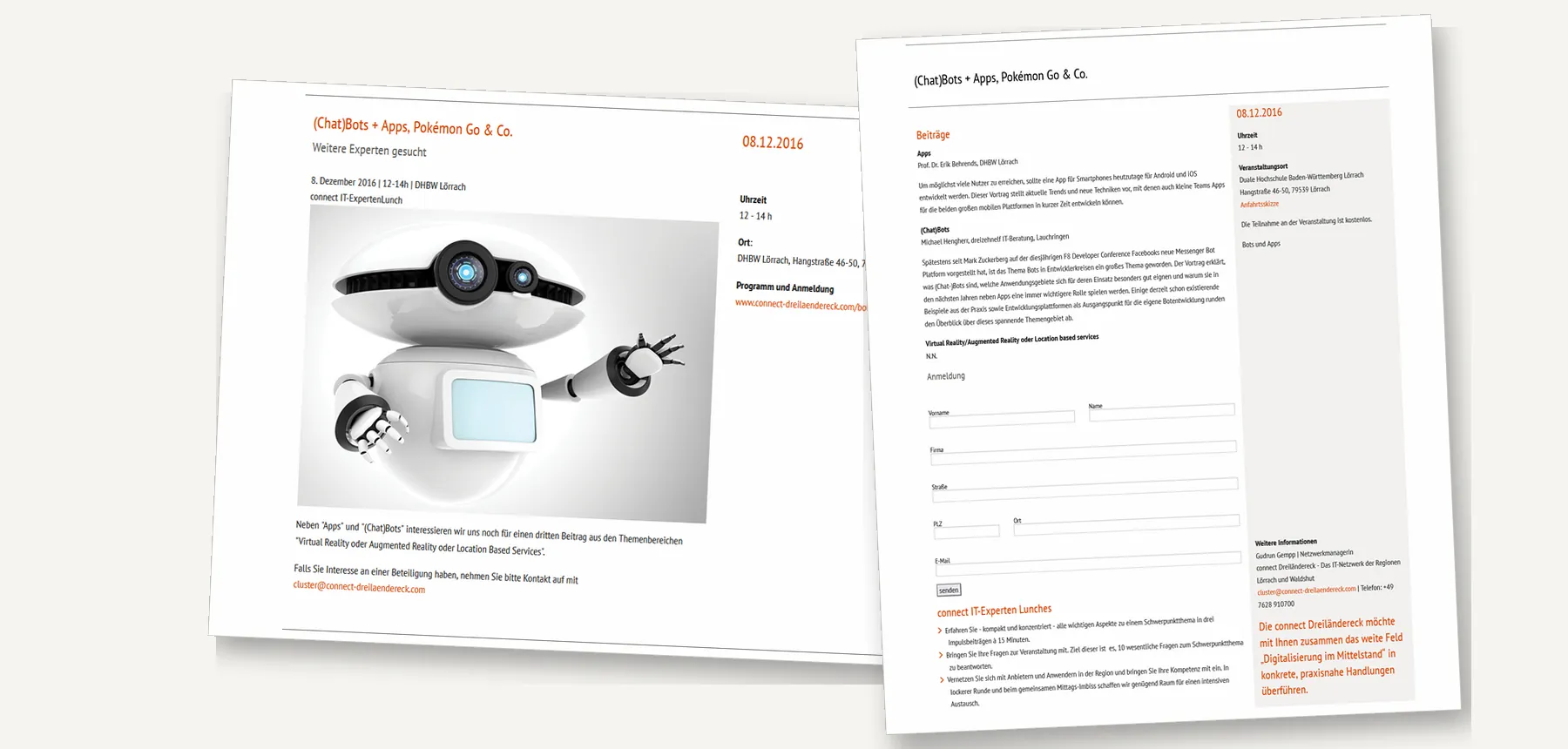 Collage of two screenshots of the connect Dreiländereck event page: a preview with a robot picture and the detailed program with the three talks