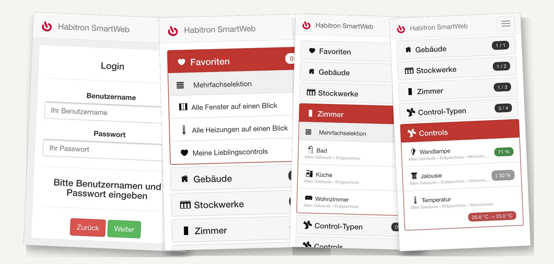 Four screens of the habitron SmartWeb app: the login, the favorites list, the rooms of a floor and the controls of a room with a lamp, a blind and the temperature