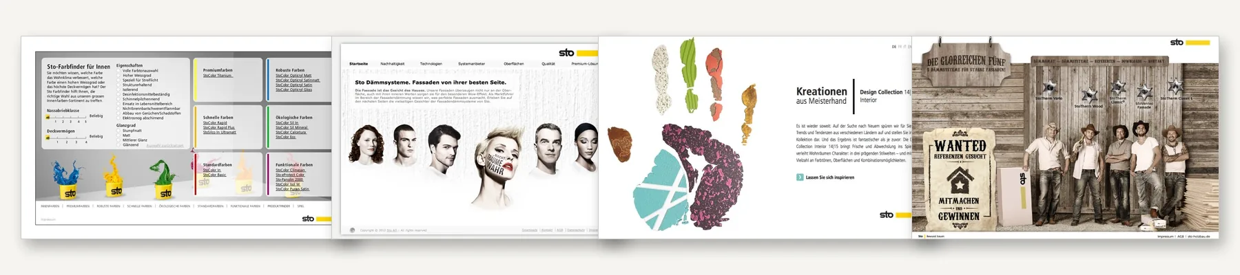 Four Sto microsites side by side, from left to right: the interior paints finder, the facade insulation site with portrait faces, the Design Collection with a colorful handprint, and the Die Glorreichen F&uuml;nf western-themed campaign