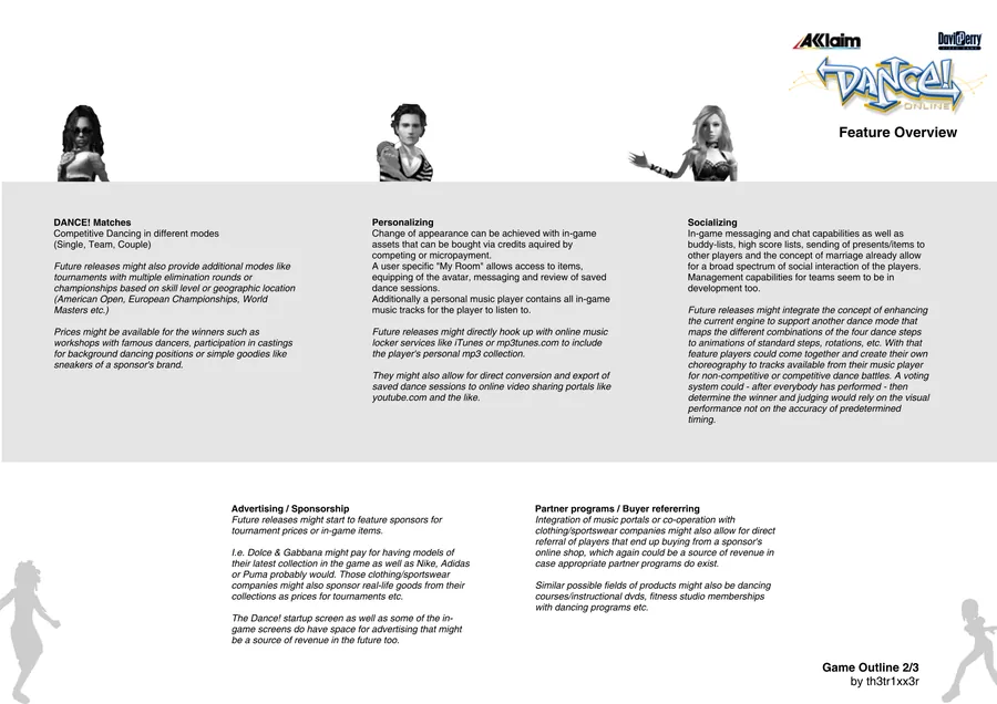 Page 2 of the outline: feature overview covering matches, personalizing, socializing, advertising and partner programs