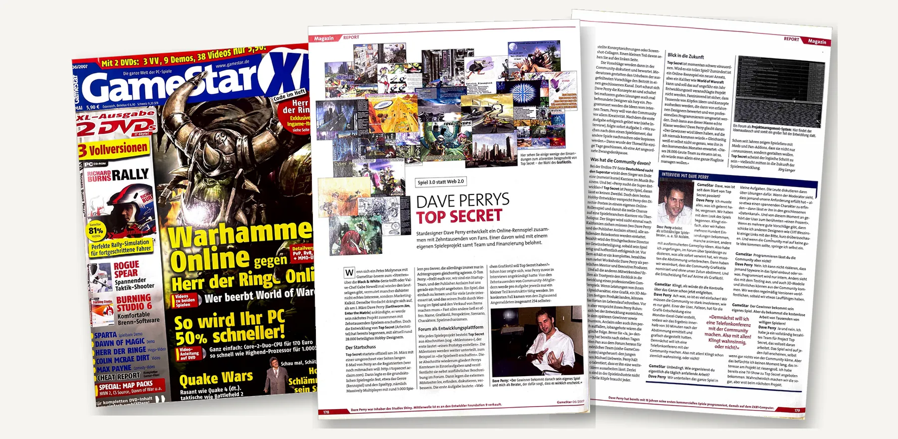 Collage of the GameStar 06/2007 cover and the two-page report on Dave Perry's Top Secret