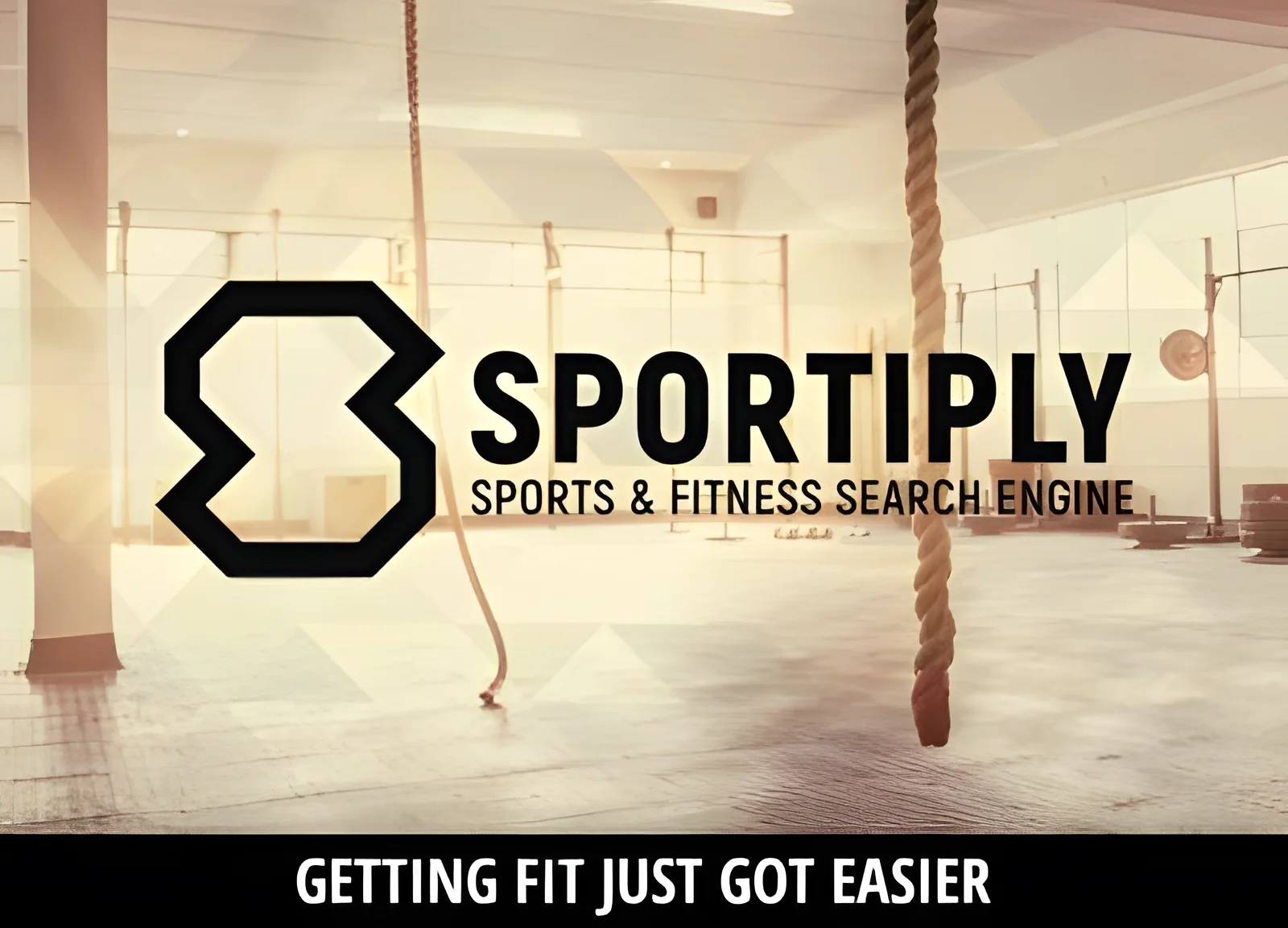 The front of a sportiply postcard: the sportiply logo and the line Sports & fitness search engine over a gym with climbing ropes, with the slogan Getting fit just got easier below