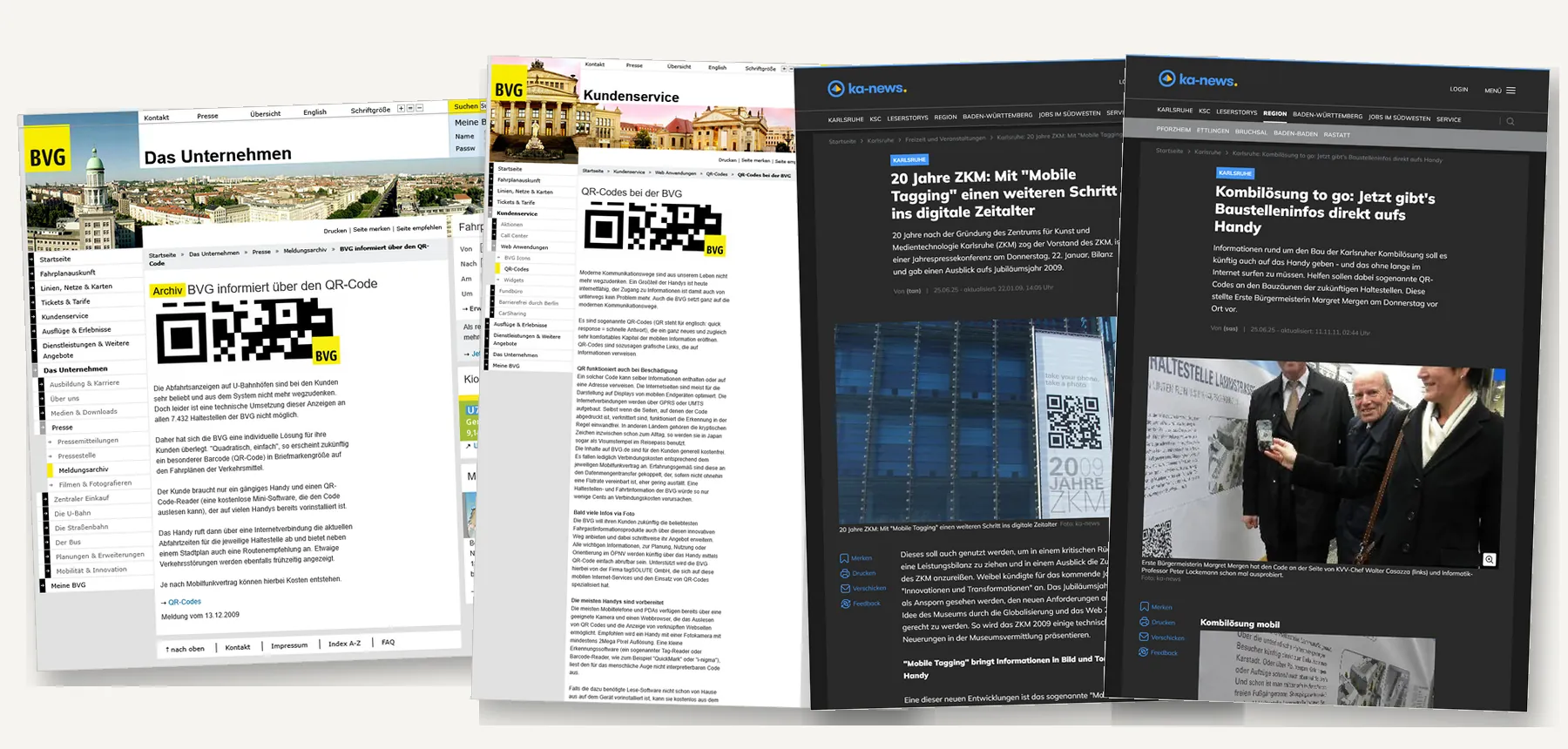 Four screenshots in a row: two archived BVG pages about the QR codes on its timetables, and two ka-news articles about the ZKM banner and the QR codes on the Karlsruhe construction fences