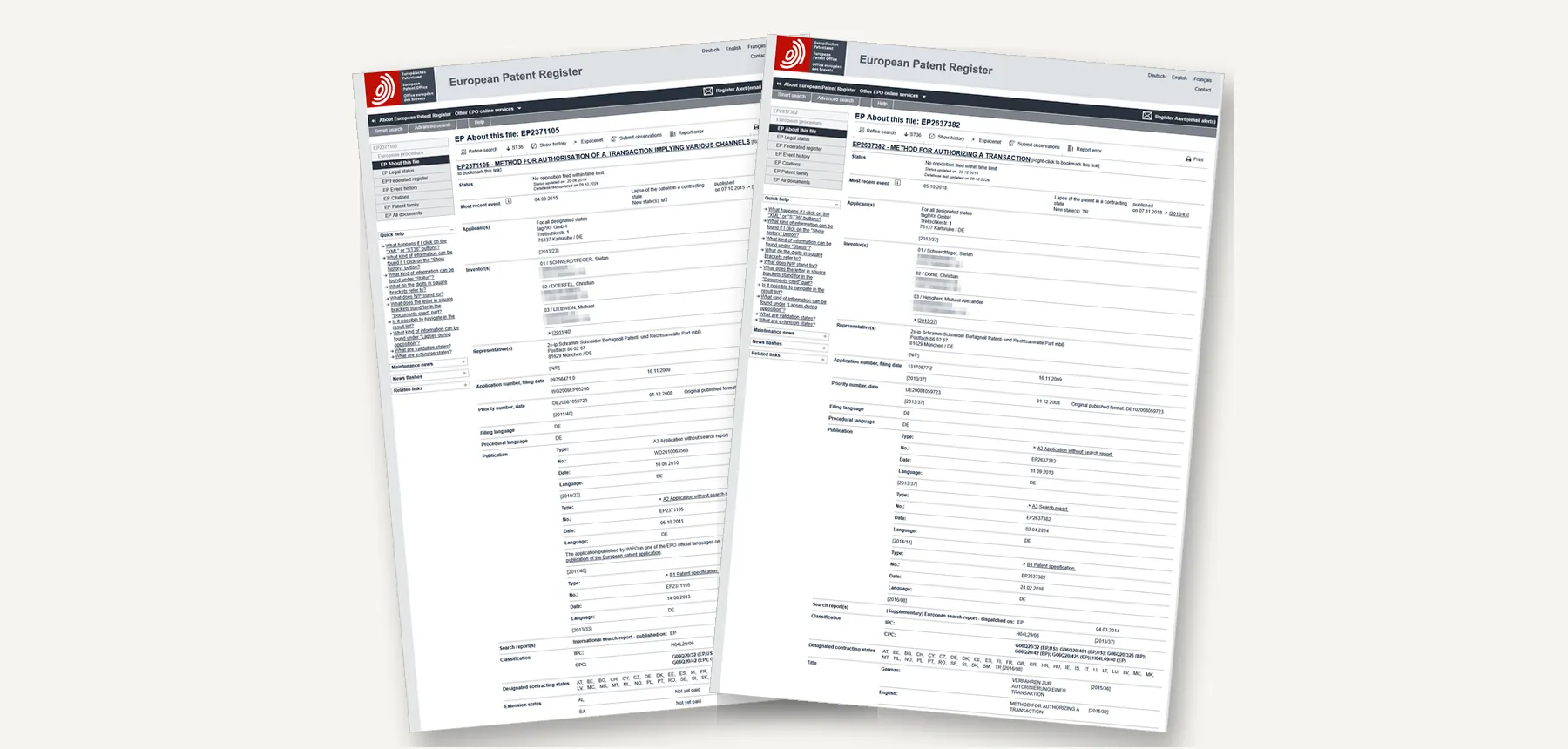 Screenshots of the European Patent Register entries for EP2371105 and EP2637382, showing title, status, applicant tagPAY GmbH and the inventors