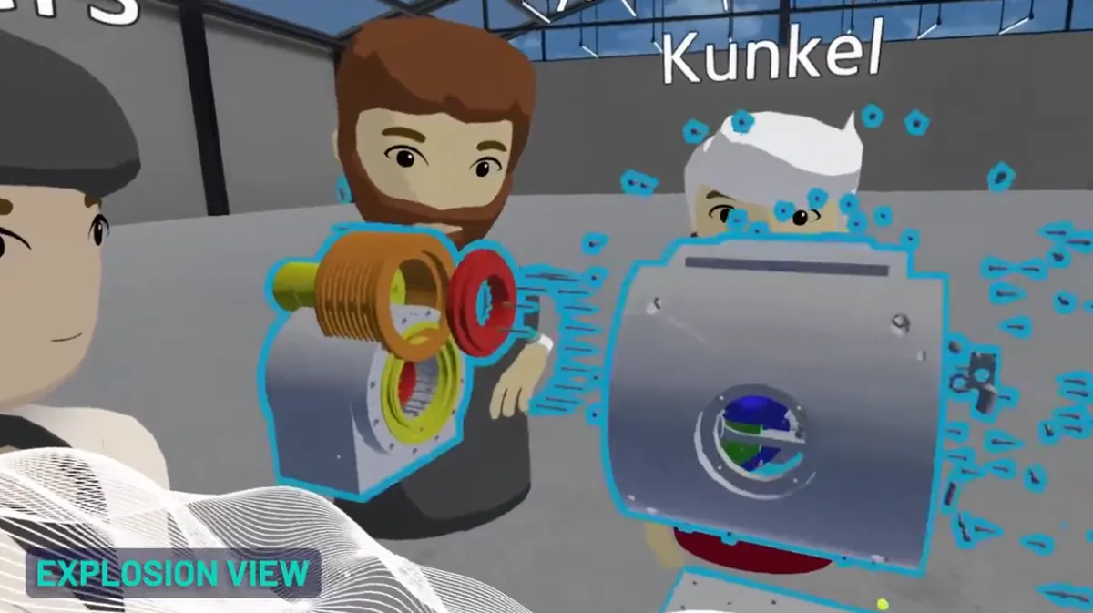 Two avatars in WeAre Rooms examining the exploded view of a machine assembly