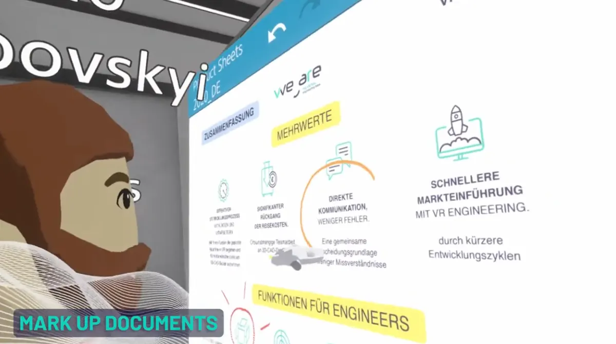 An avatar next to a presentation board of markup documents
