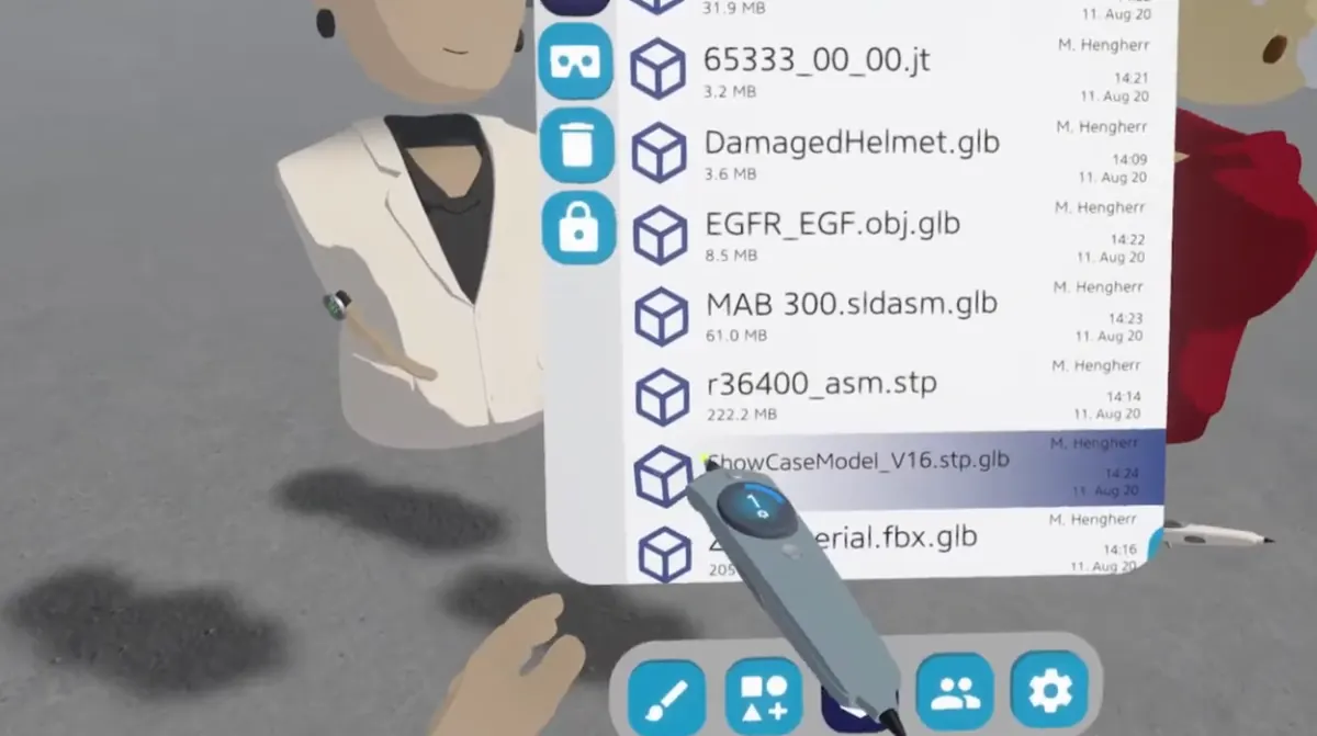 A file list of CAD and 3D models inside WeAre Rooms, with an avatar picking one