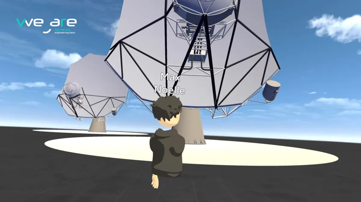 An avatar standing in front of large telescope antennas in a virtual scene
